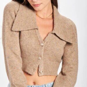 NWT Large Emory Park Wide Collar Cropped Cardigan Dark Oat Neutral 90's Inspired